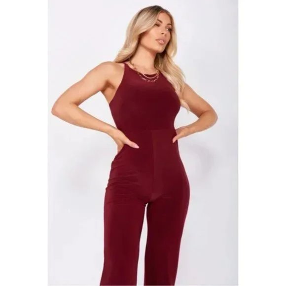 Burgundy Sleeveless Open Back Wide Leg Jumpsuit Playsuit - Picture 6 of 13